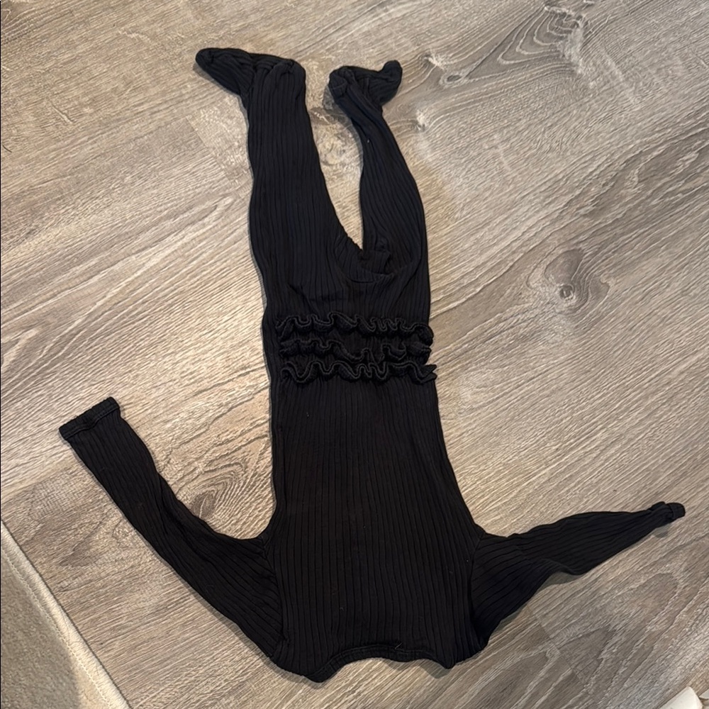 Black Ribbed Long Sleeve Ribbed Footed PJs